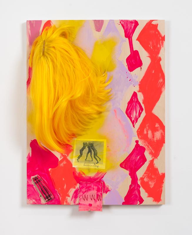 Hannah Beerman ,  i'll kiss your underarms , 2023. Acrylic, crayons, wig, and multimedia on board. 24 x 18 inches.