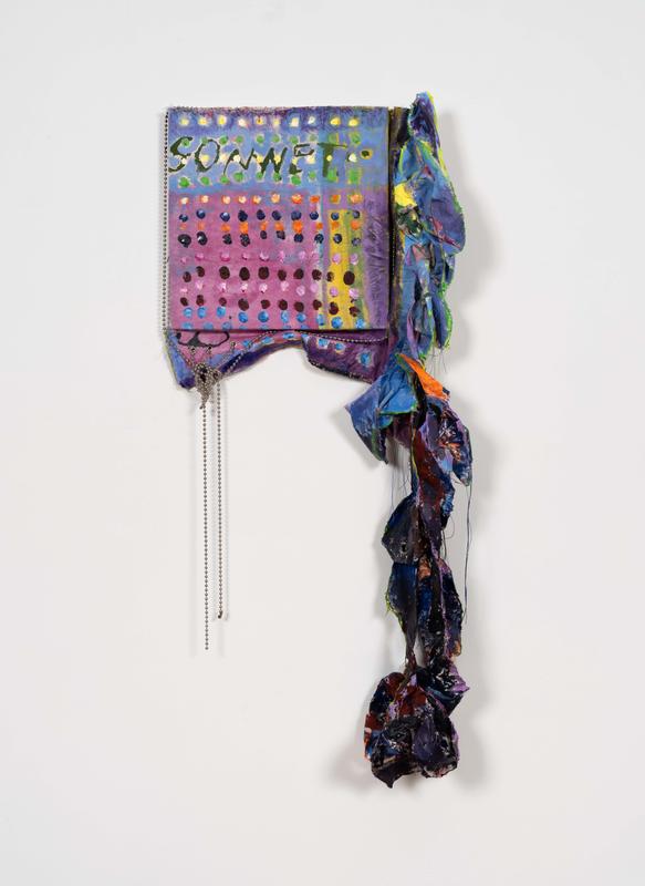 Brianne Garcia,  little song (for rita dove) , 2022. Acrylic, muslin, photo transfer dye, thread, ball chain, and grommets on canvas. 29 x 16 x 1 inches.