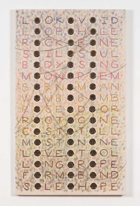 Brianne Garcia,  loss for words , 2022. Acrylic, grommets, ball chain, and ink on canvas. 50 ½ x 30 x 1 inches.
