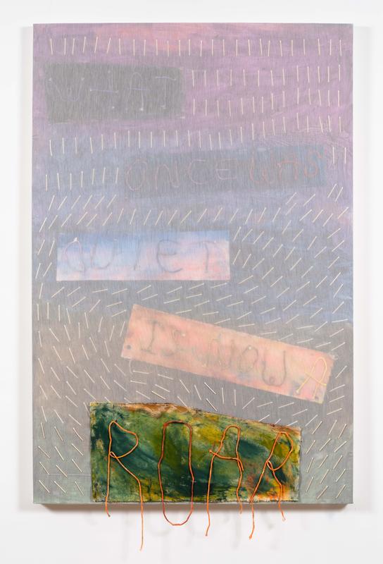 Brianne Garcia,  smoke signals , 2022. Acrylic, match sticks, string, thread, and fabric on canvas. 65 ⅞ x 40 x 1 inches.