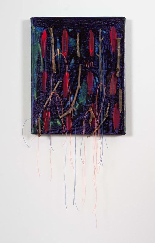 Brianne Garcia,  tally I: four give ness , 2022. Acrylic, sticks, match sticks and thread on canvas. 10 x 8 x ¾ inches.