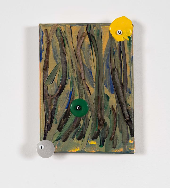 Brianne Garcia,  tally VI: recurring debt , 2022. Acrylic, sticks, beads, mirror, and thread on canvas. 7 ½ x 5 ¼ x ¾ inches.