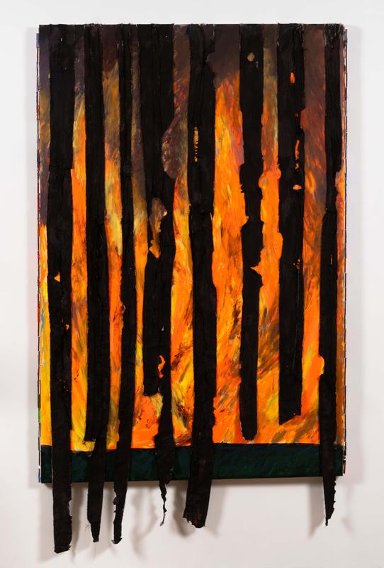 Brianne Garcia,  fear fury fervor , 2022. Acrylic, muslin, dye, thread, and matchboxes on canvas. 72 x 42 x 1 inches.
