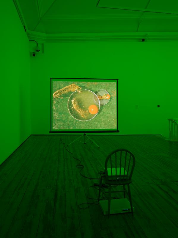 Perfect Devotion One , 2005 One (1) video projector, one (1) media player, one (1) screen on a tripod, one (1) wooden chair, green gels and existing architecture Dimensions variable Installation View, Haunch of Venison, London, 2005 Photo by Keith Davey