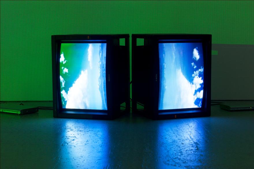 Shimmer , 1997 Two (2) video monitors, two (2) media players Dimensions variable  Installation view, Diana Thater: Continuous. Contiguous. at David Zwirner, New York, 2005 Photo by Fredrik Nilsen