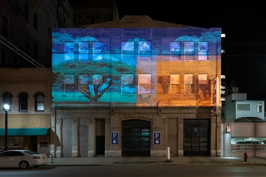 True Life Adventures , 2018 Digital video projection on existing architecture Installation view Sculpture Milwaukee 2022, Milwaukee, Wisconsin Photo by James Prinz