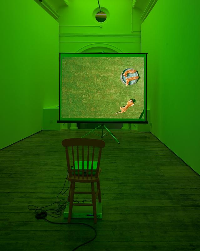 Perfect Devotion Three , 2005 One (1) digital projector, one (1) media player, one (1) screen on a tripod, one (1) wooden chair, green gels and existing architecture Dimensions variable Installation View, Haunch of Venison, London, 2005