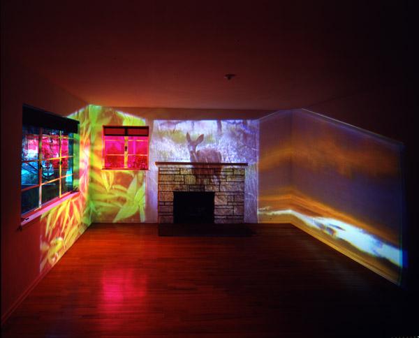 Abyss of Light , 1993 Three (3) video projectors, three (3) media players, one (1) synchronizer, Lee filters and existing architecture Installation view, 1301PE, Los Angeles, CA, 1993 