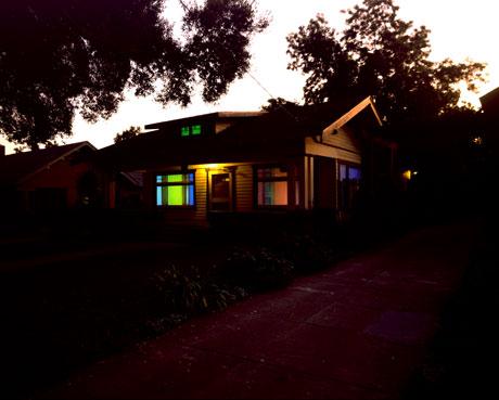 Up to the Lintel:Bliss, 1992 Five (5) video projectors, five (5) media players, Lee Filters and existing architecture Installation view, Bliss House, Pasadena, CA, 1992  