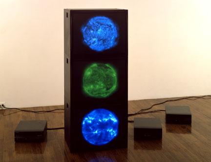 Blue Green Cyan Suns , 2000 Three (3) video monitors, three (3) media players Dimensions variable  