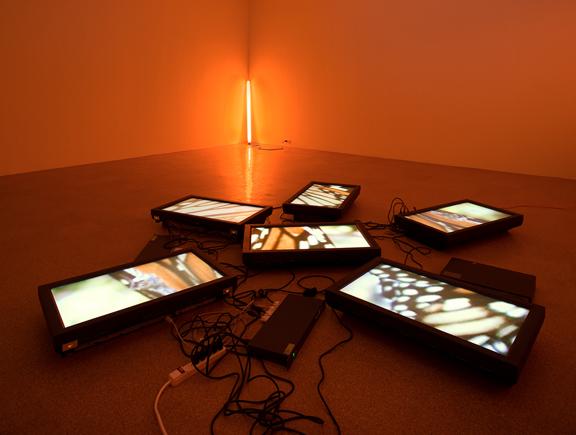 Untitled Videowall (Butterflies), 2008 Six (6) flat screen LCD monitors, one (1) media player, one (1) distribution amplifier, one (1) fluorescent light fixtures, Lee Filters and existing architecture Dimensions variable Installation View, 1301PE, Los Angeles, 2008