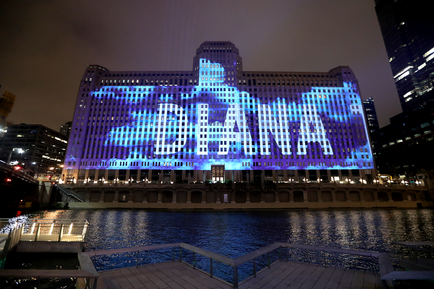 True Life Adventures , 2018 Digital video projection on existing architecture Installation view, Merchandise Mart, Chicago, Illinois Sound by T. Kelly Mason