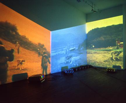 China , 1995 Six (6) video projectors, six (6) media players, one (1) synchronizer, Lee filters and existing architecture Dimensions variable Installation view, David Zwirner, New York, NY, 1996