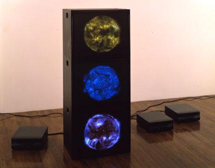 Magenta Cyan Yellow Suns , 2000 Three (3) video monitors, three (3) media players Dimensions variable  