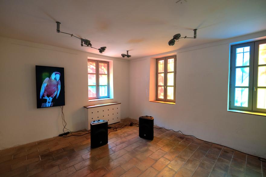 The Conversation , 2021 Four (4) flat panel monitors, four (4) speakers, window film and existing architecture Photo by Frédéric Pasquini Installation view 3rd International Biennial Saint-Paul de Vence, France