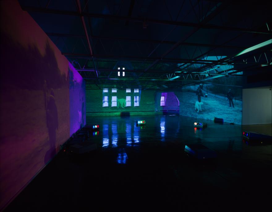 China , 1995 Six (6) video projectors, six (6) media players, one (1) synchronizer, Lee filters and existing architecture Dimensions variable Installation view, Renaissance Society at the university of Chicago, Chicago, Illinois, 1995 