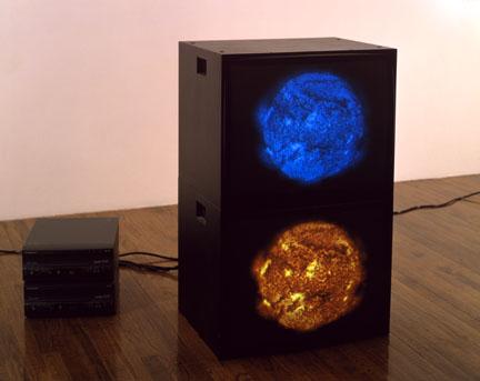 Cyan Red Suns , 2000 Two (2) video monitors, two (2) media players Dimensions variable  