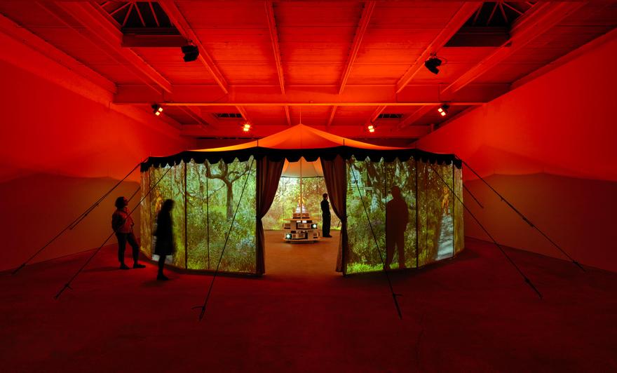 Practical Effects , 2022 One (1) tent, five (5) projectors, five (5) media players, and six (6) DMX lights Photo by Kerry McFate Installation view David Zwirner, New York, NY