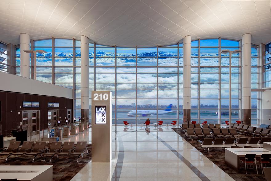 The Friendly Skies , 2021 Window film installation (Window film image by T. Kelly Mason) Tom Bradley Terminal, LAX Photo by SKA Studios, LLC courtesy of the Los Angeles world Airports and the City of Los Angeles Department of Cultural Affairs