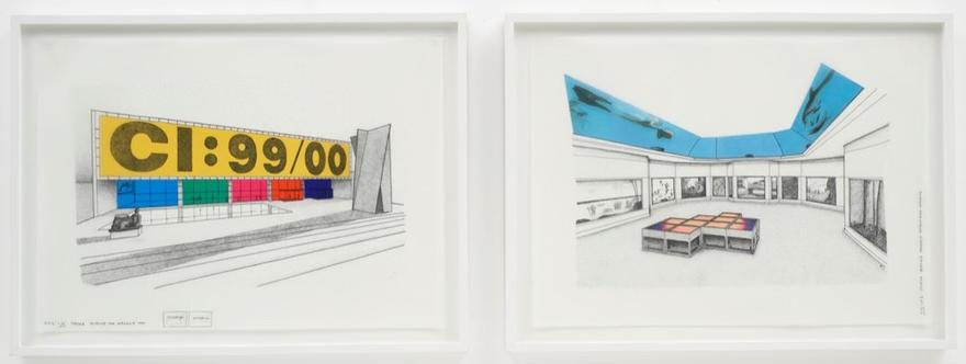 Delphine Drawing for Carnegie International, Diptych #1 , 1999 Mylar with ink, graphite, pantone film and ink jet prints 