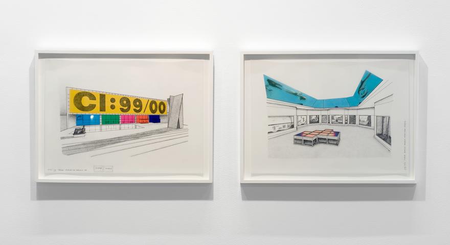 Delphine Drawing for Carnegie International, Diptych #1 , 1999 Mylar with ink, graphite, pantone film and ink jet prints  Photo by David Plakke