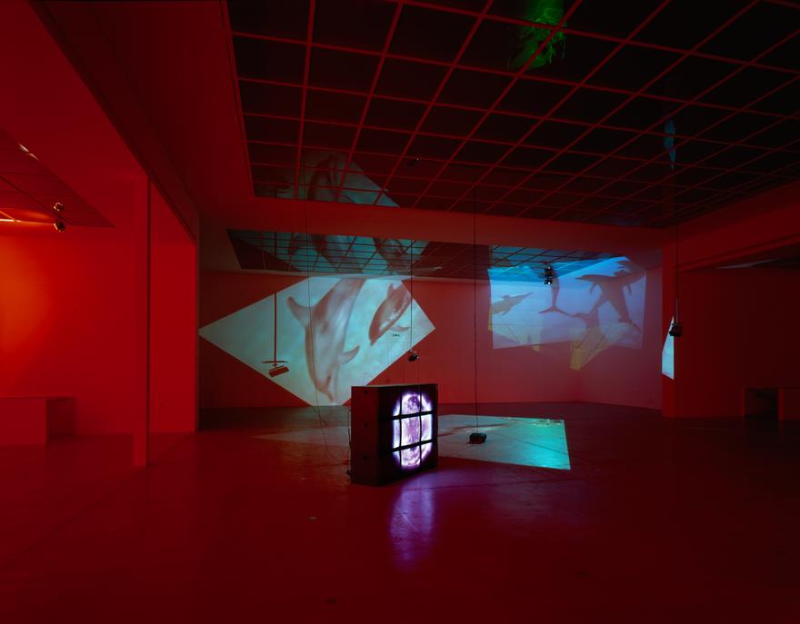 Delphine , 1999 Four (4) video projectors, five (5) media players, one (1) nine-monitor video wall, one (1) synchronizer, Lee filters and existing architecture Dimensions variable Installation view, Vienna Secessions, Vienna, Austria, 2000 Photo by Margherita Spiluttini