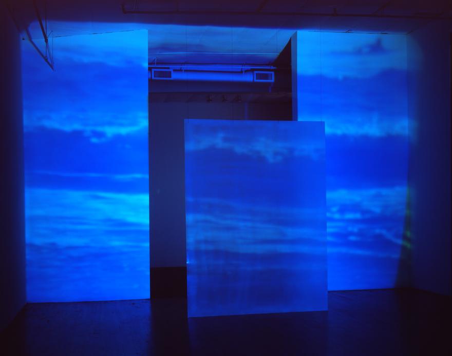 Dogs and Other Philosophers , 1991 One (1) video projector, one (1) media player, one (1) video mixer, plexiglass, existing architecture Installation view, Dorothy Goldeen Gallery, Santa Monica, CA, 1991