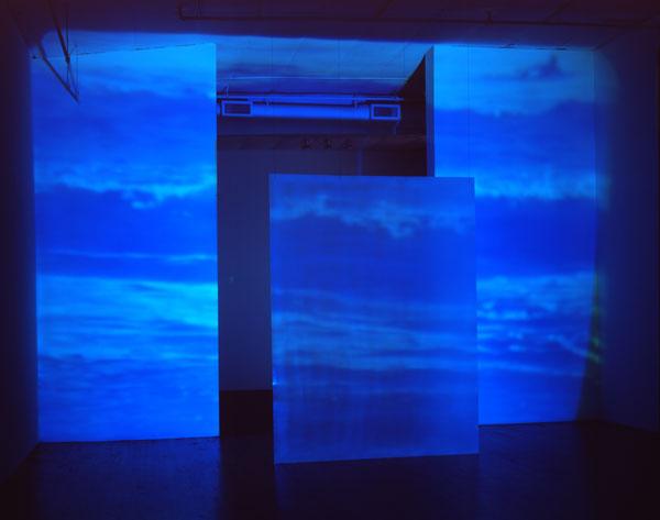 Dogs and Other Philosophers , 1991 One (1) video projector, one (1) media player, one (1) video mixer, plexiglass, existing architecture Installation view, Dorothy Goldeen Gallery, Santa Monica, CA, 1991