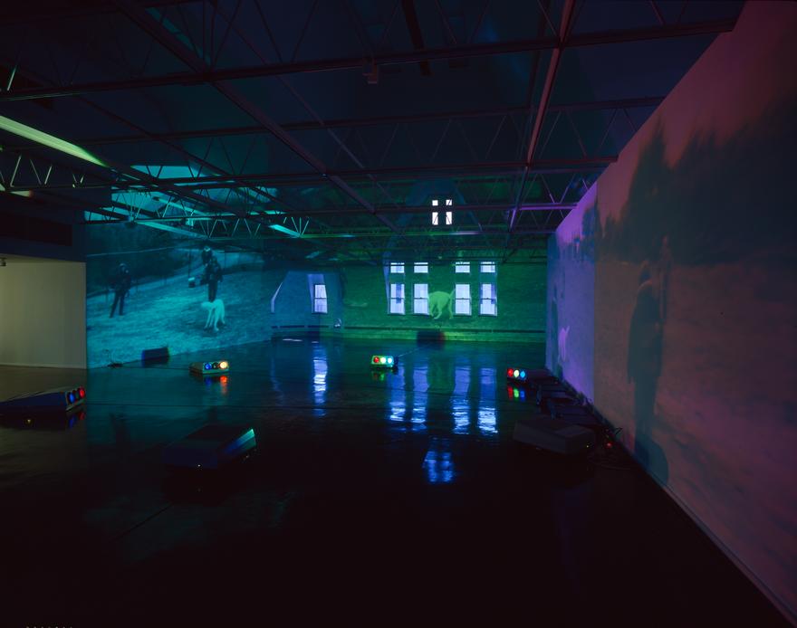 China , 1995 Six (6) video projectors, six (6) media players, one (1) synchronizer, Lee filters and existing architecture Dimensions variable Installation view, Renaissance Society at the University of Chicago, Chicago, Illinois, 1995