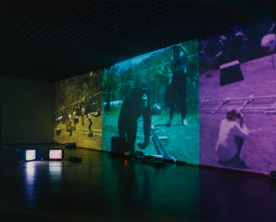 Electric Mind, 1996 Six (6) video projectors, two (2) video monitors, eight (8) media players, one (1) synchronizer, Lee filters and existing architecture Installation view, Salzburger Kunstverein, Salzburg , Austria, 1996