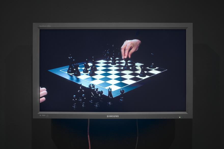 Here is a text about the world Written by Mick Bighamian, Senior Master September, 2007 (Played by Nathaniel Lagermann and Mick Bighamian), 2008  One (1) video monitor, one (1) media player Dimensions variable  