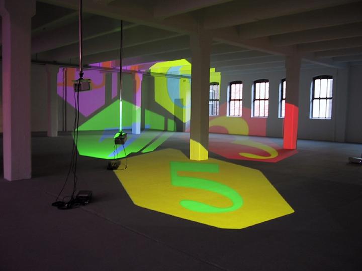 knots + surfaces, 2001 Five (5) video projectors, one (1) sixteen-monitor video wall, six (6) media players, Lee filters and existing architecture Installation view, Dia Center for the Arts, New York, 2001