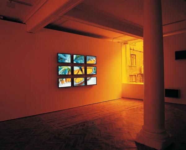 Perpetual Motion One , 2005 Nine (9) flat panel monitors, one (1) distribution amplifier, one (1) media players Installation view, Haunch of Venison, London, 2005 