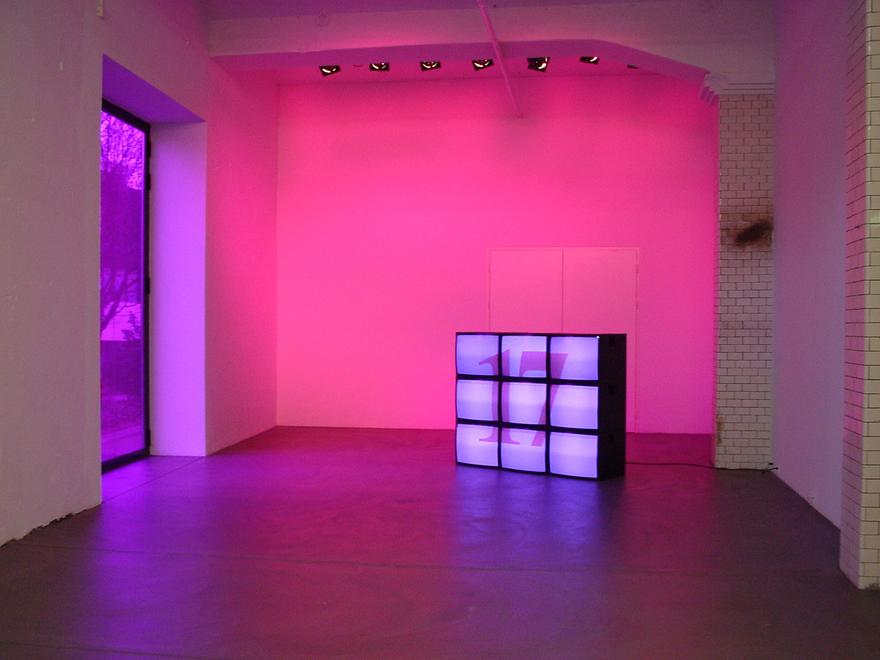 Purple Flowers Videowall , 2001 Nine (9) video monitors,  one (1) videowall processor, one (1) media player, and Lee filters Dimensions variable Installation view, Hauser & Wirth, Zurich, Switzerland, 2002  