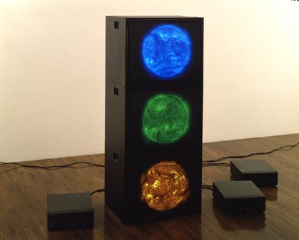 Red Green Blue Suns , 2000 Three (3) video monitors, three (3) media players Dimensions variable  