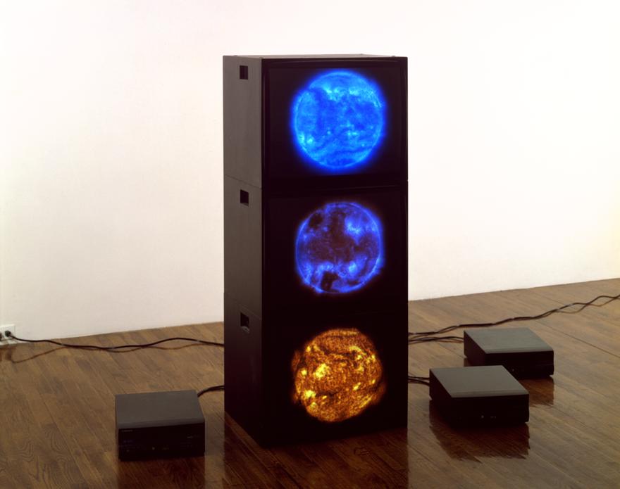Red Magenta Blue Suns, 2000 Three (3) video monitors, three (3) media players Dimensions variable  