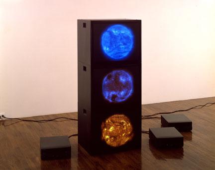 Red Magenta Blue Suns, 2000 Three (3) video monitors, three (3) media players Dimensions variable  