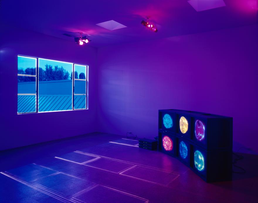 Six Color Sun, Horizontal Stack , 2000 Six (6) video monitors, six (6) media players, Lee filters Installation view, 1301PE,Los Angeles, CA, 2000