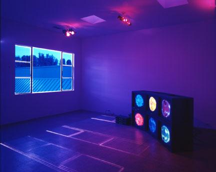 Six Color Sun, Horizontal Stack , 2000 Six (6) video monitors, six (6) media players, Lee filters Installation view, 1301PE,Los Angeles, CA, 2000