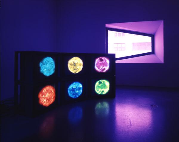 Six Color Sun, Horizontal Stack, 2000 Six (6) video monitors, six (6) media players, Lee filters Installation view, Whitney Museum of American Art, New York, NY, 2000