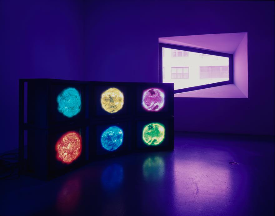 Six Color Sun, Horizontal Stack, 2000 Six (6) video monitors, six (6) media players, Lee filters Installation view, Whitney Museum of American Art, New York, NY, 2000