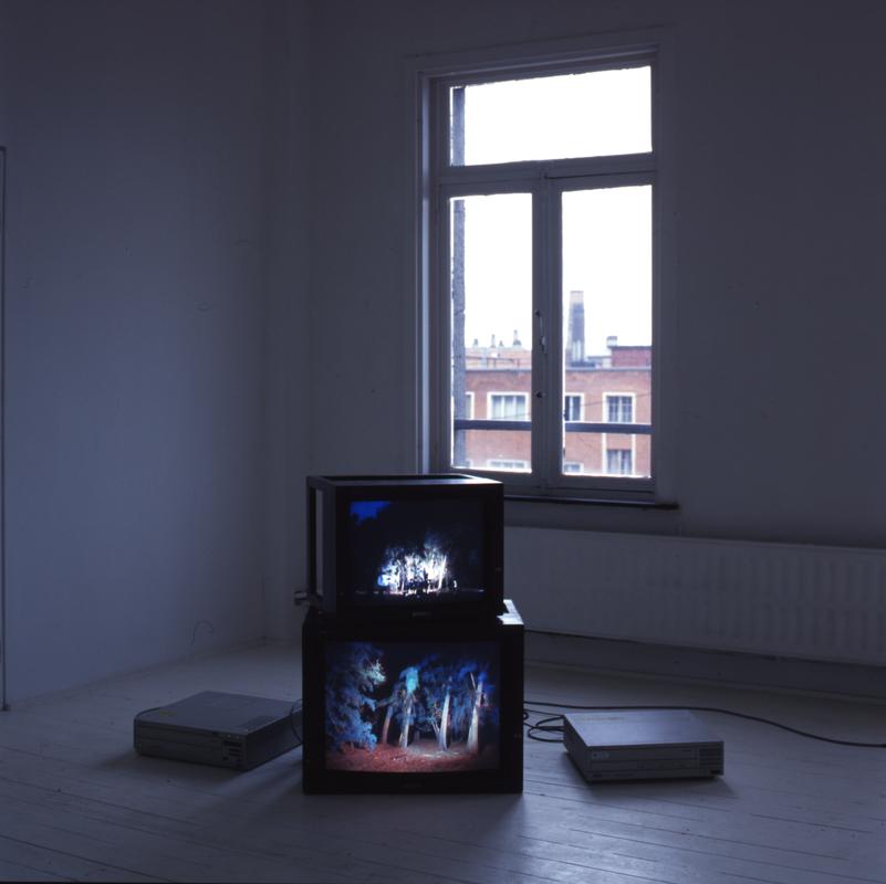 The best outside is the inside, 1998 Two (2) video monitors, two (2) media players Installation view, H & R Projects, Brussels, Belgium, 1999