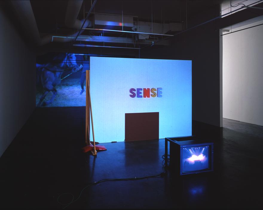 The best sense is the nonsense , 1998 Two (2) video projectors, one (1) video monitor, three (3) media players, free standing wall and existing architecture Installation view, York University Art Gallery, Toronto, Canada, 1999