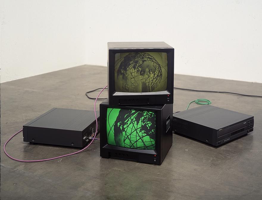 Unisphere , 1998 Two (2) video monitors, two (2) media players Installation view, Zwirner & Wirth, 2005 