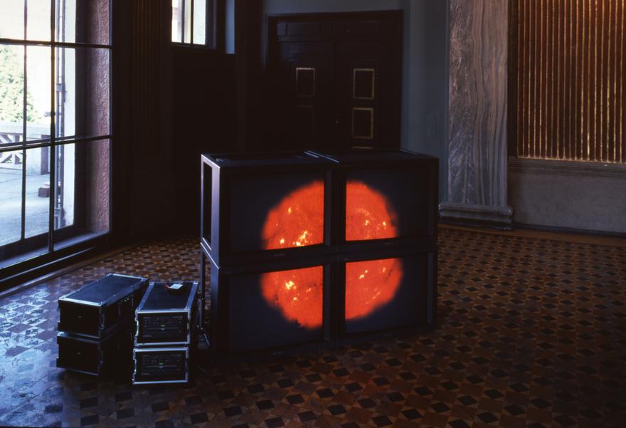 Red Sun Videowall, 2000 Four (4) video monitors, four (4) media players, one (1) synchronizer  Dimensions variable  Installation view, Museum Villa Struck, Munich, Germany, 2000 