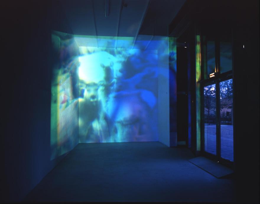 Wyoming Alogon , 1994 Three (3) video projectors, three (3) media players, one (1) synchronizers, Lee Filters and existing architecture Dimensions variable Installation view, American Center, Paris, 1994 