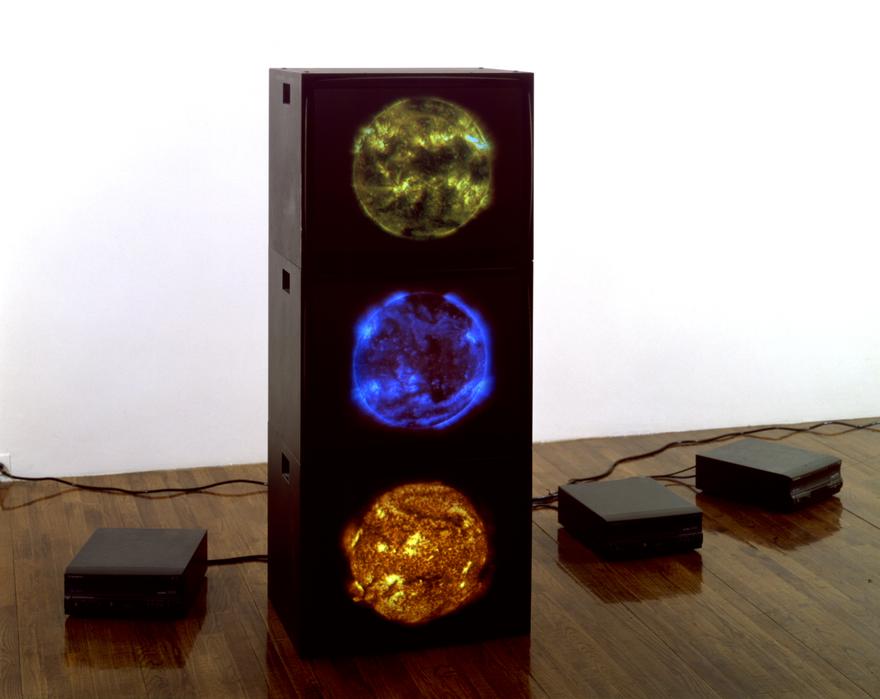 Red Magenta Yellow Suns , 2000 Three (3) video monitors, three (3) media players Dimensions variable   