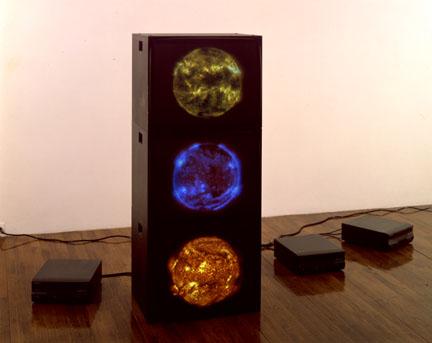 Red Magenta Yellow Suns, 2000 Three (3) video monitors, three (3) media players Dimensions variable   