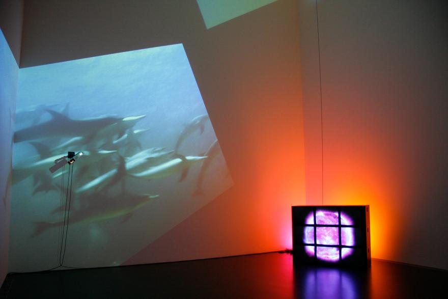 Delphine , 1999 Four (4) video projectors, five (5) media players, nine (9) video monitors, one (1) synchronizer, Lee filters and existing architecture Dimensions Variable Installation view, Kunstmuseum Stuttgart, Stuttgart, Germany