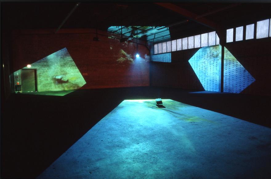 Delphine , 1999 Four (4) video projectors, five (5) media players, nine (9) video monitors, one (1) synchronizer, Lee filters and existing architecture Dimensions variable Photo by Roman Maerz Installation view, Hamburger Bahnof- Museum fur Gegenwart, Berlin, Germany, 2004